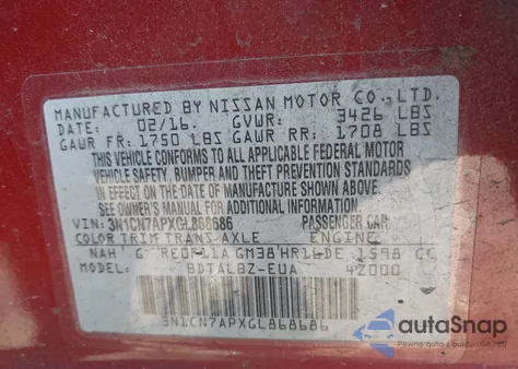 2016 Nissan Versa S/S Plus/Sv/Sl from USA, damaged, VIN 3N1CN7APXGL868686